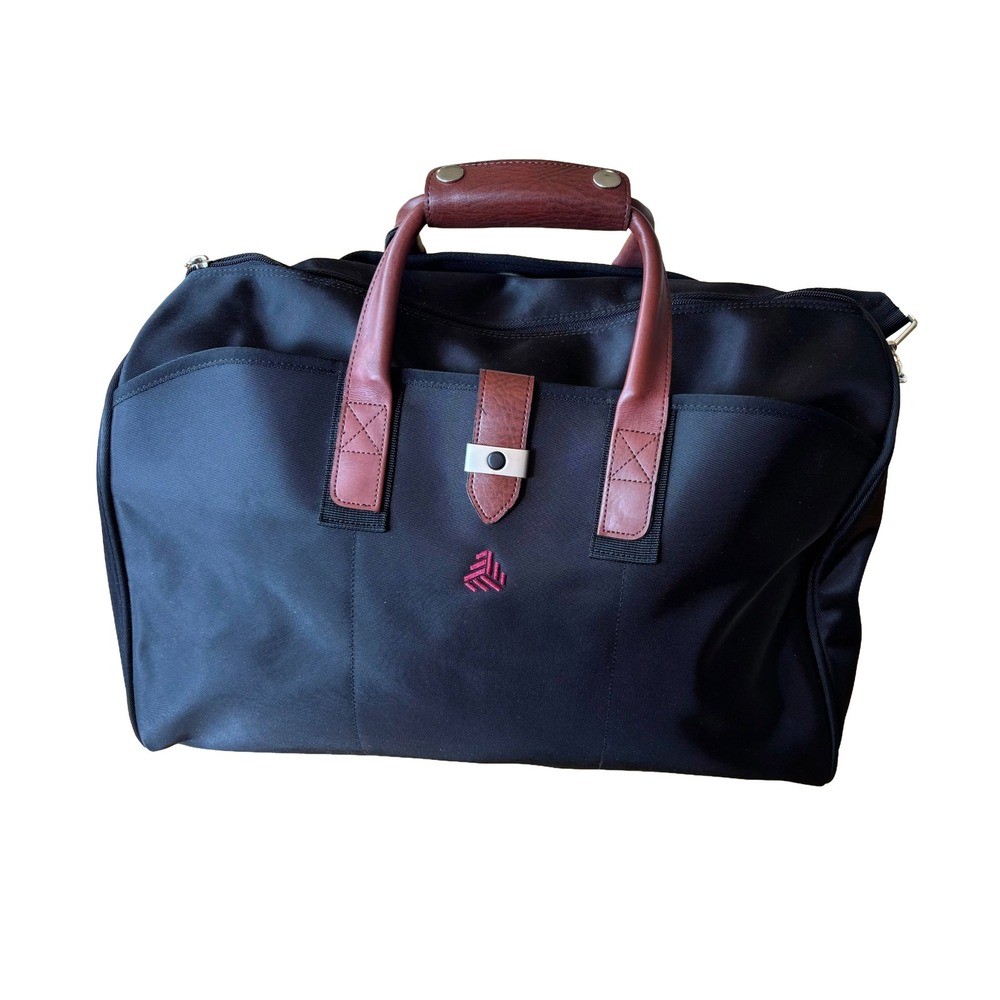 Black Nylon Duffel Bag Brown Faux Leather Trim Travel